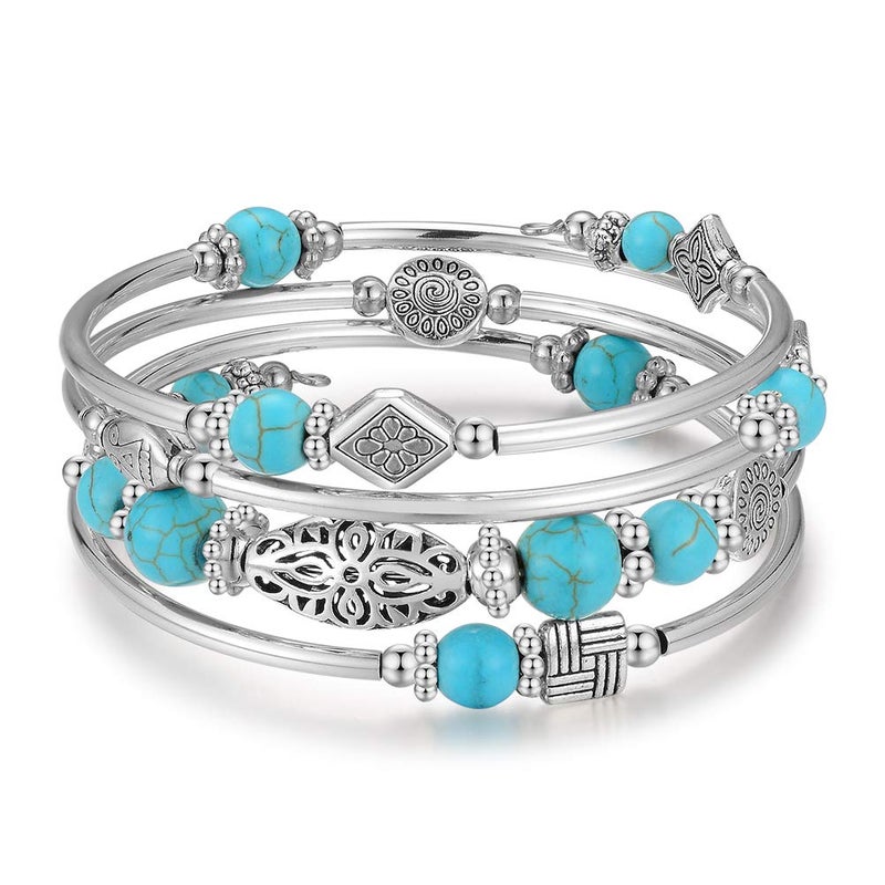 BULINLIN Layered Wrap Bangle Turquoise Bracelet - Bead Bracelet with Natural Agate Stone, Gifts For Women (01-Turquoise) - Image 1